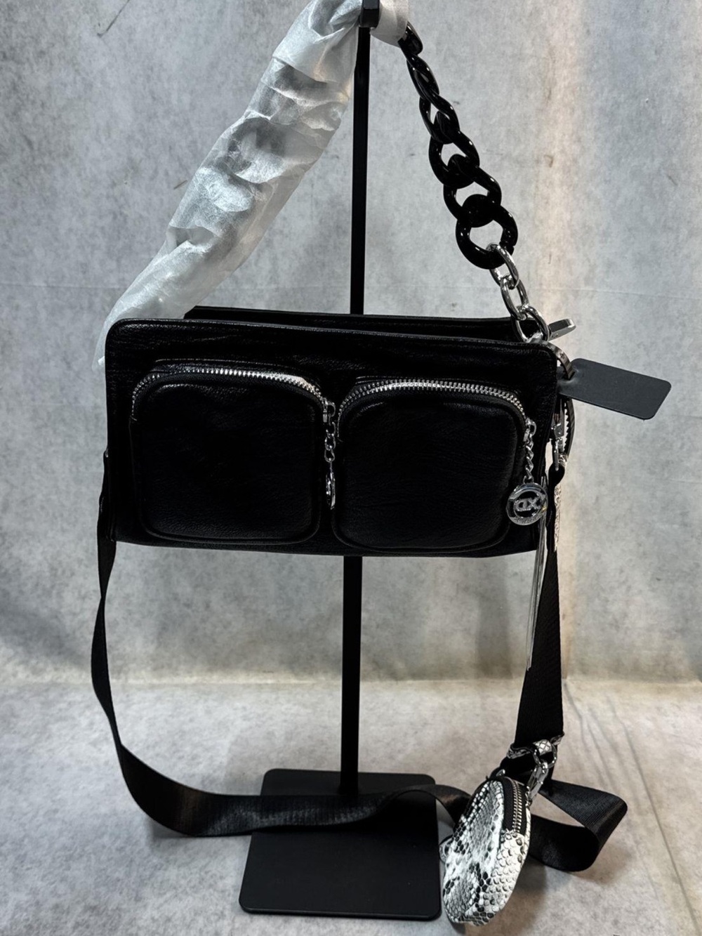 Xuan Dong Chunky Leather Cross Body + Silver Accents & Faux Snakeskin Coin Bag